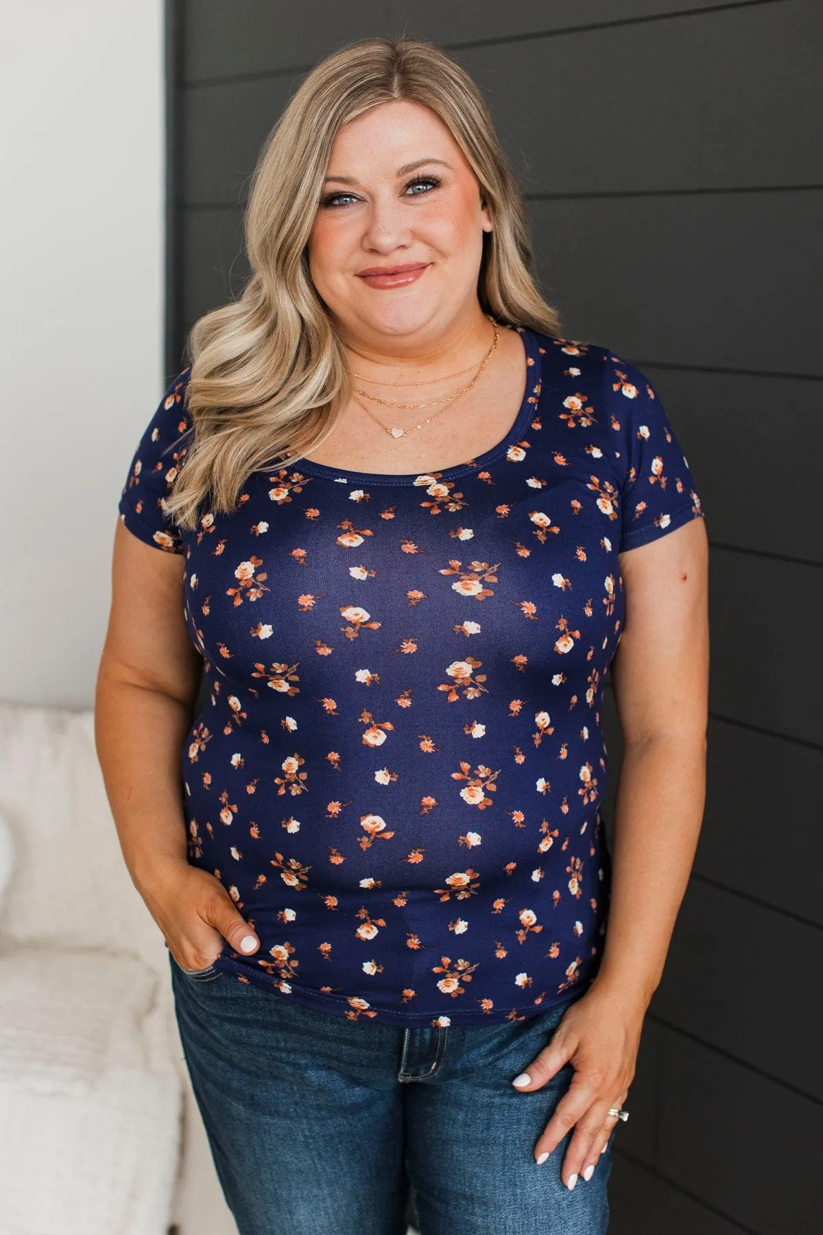 Real Lovely Short Sleeve Floral Top- Navy