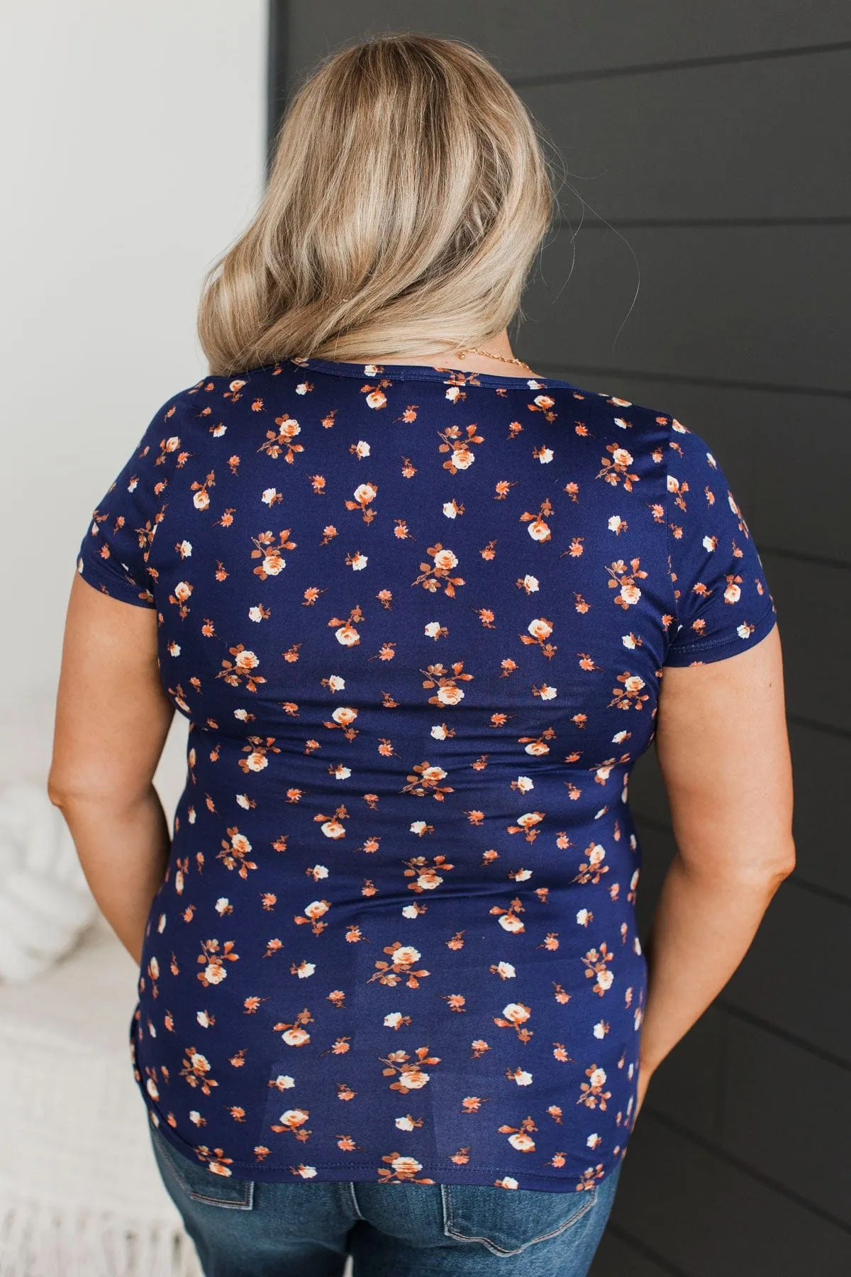 Real Lovely Short Sleeve Floral Top- Navy
