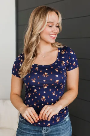 Real Lovely Short Sleeve Floral Top- Navy