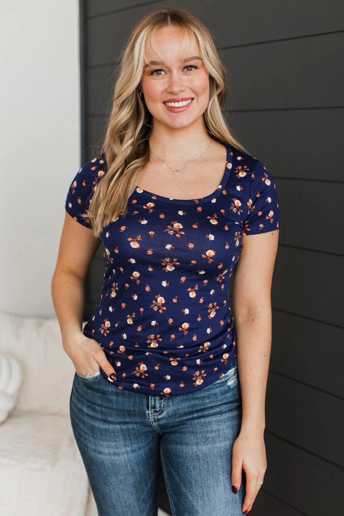Real Lovely Short Sleeve Floral Top- Navy