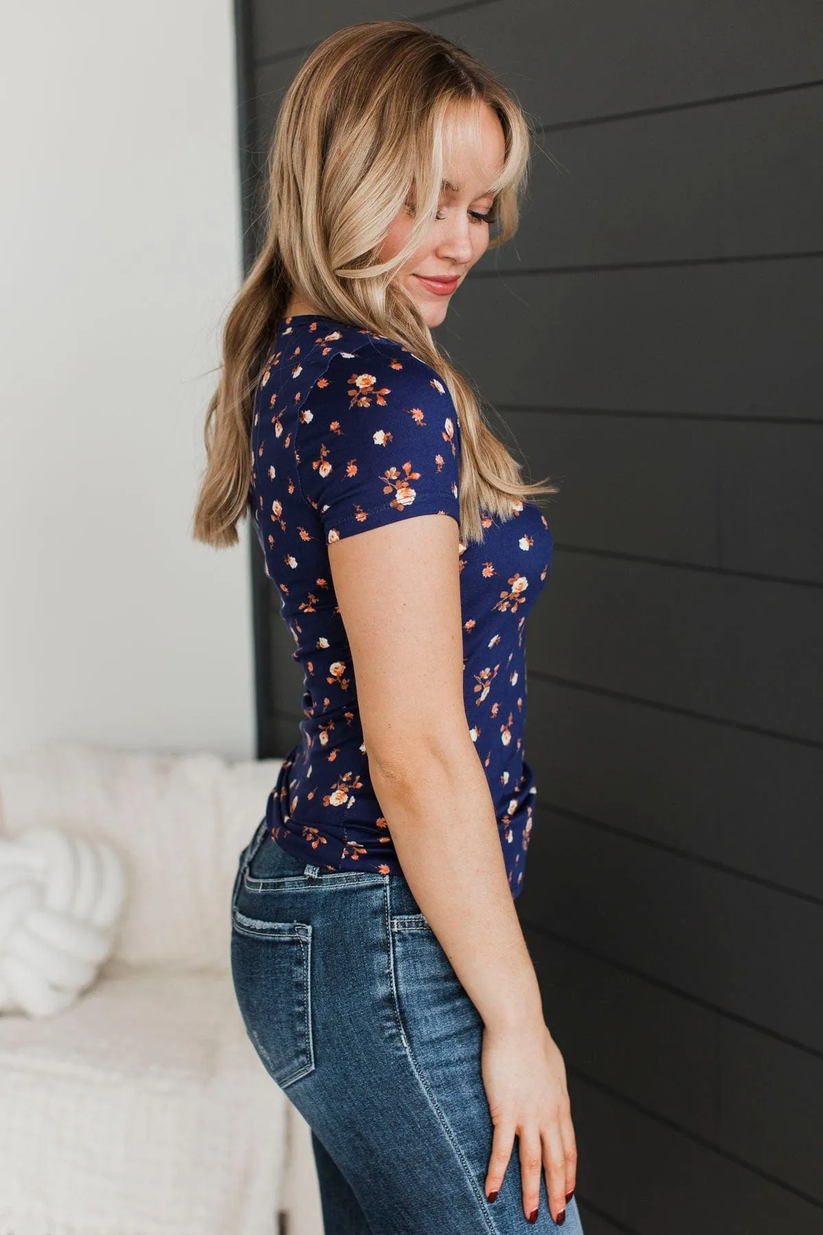 Real Lovely Short Sleeve Floral Top- Navy