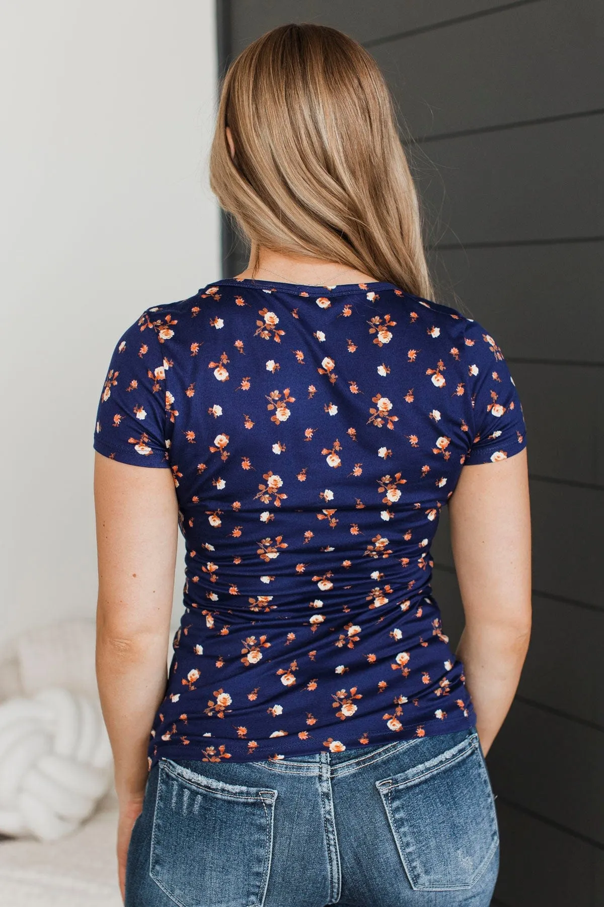 Real Lovely Short Sleeve Floral Top- Navy