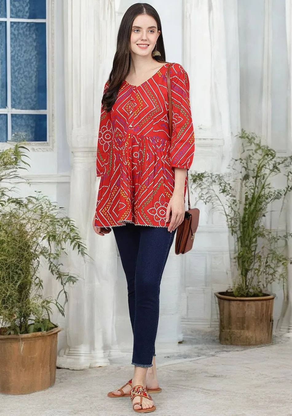 Red Bandhani Printed Cotton Peplum Top