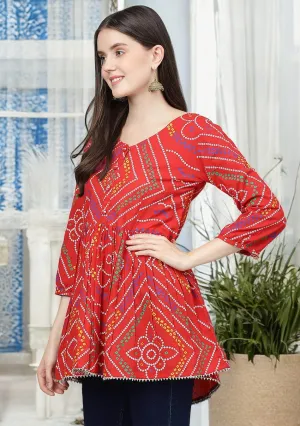 Red Bandhani Printed Cotton Peplum Top