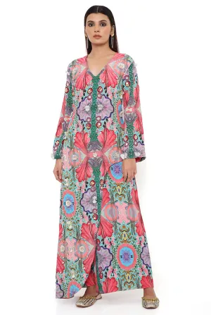 RED ENCHANTED PRINT CREPE EMBROIDERED KURTA WITH CROPPED PALAZZO