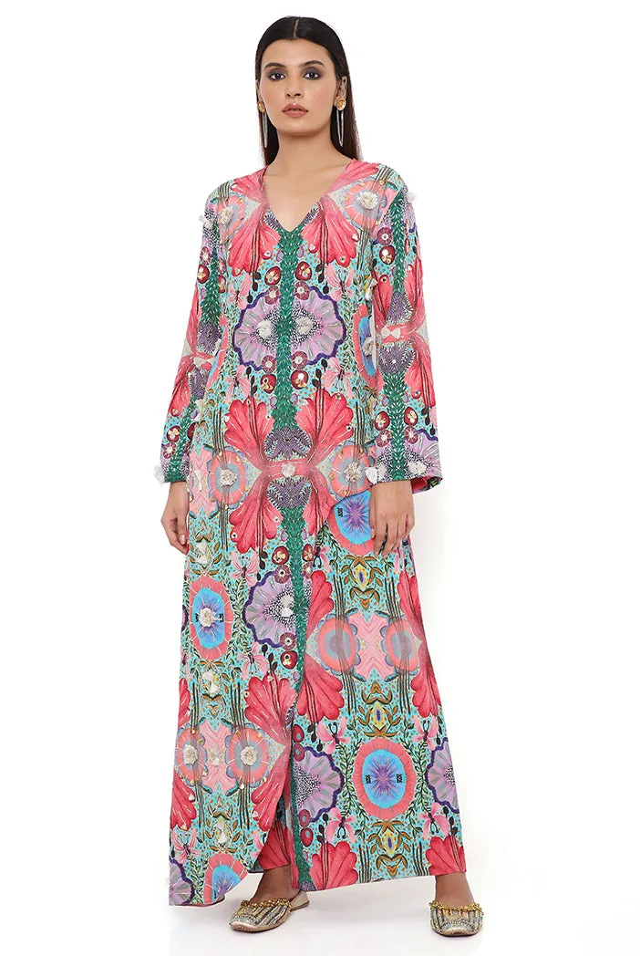 RED ENCHANTED PRINT CREPE EMBROIDERED KURTA WITH CROPPED PALAZZO