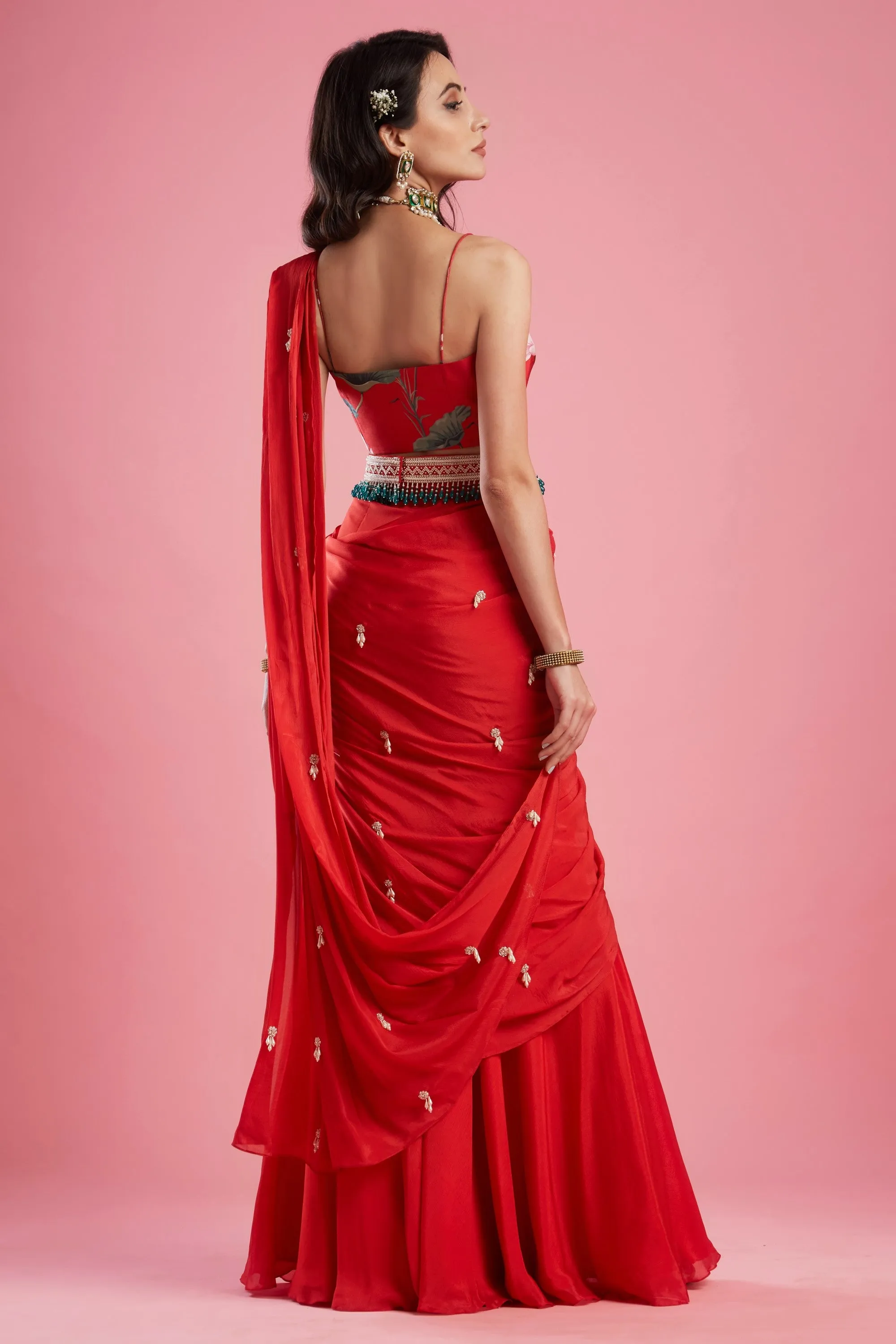 Red Gharara Saree Set