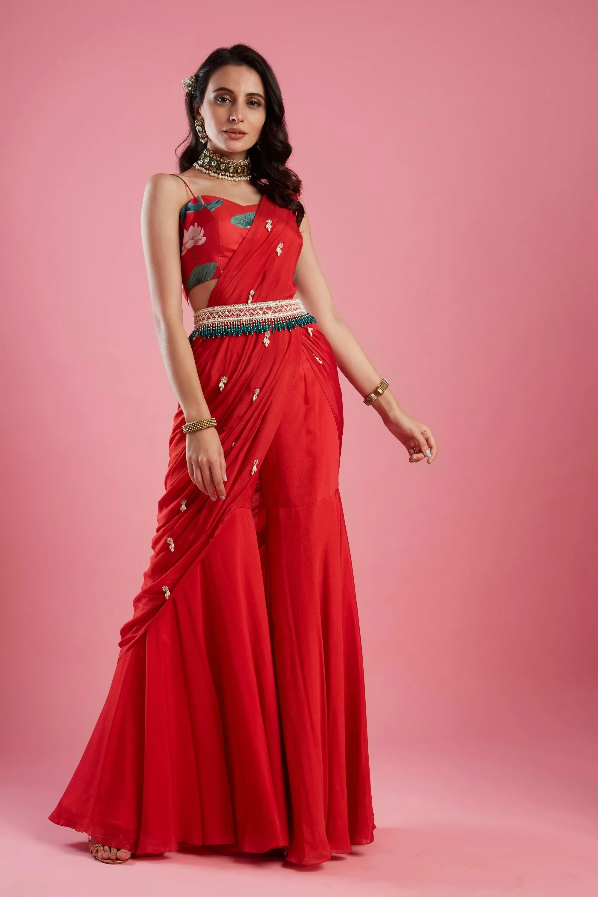 Red Gharara Saree Set