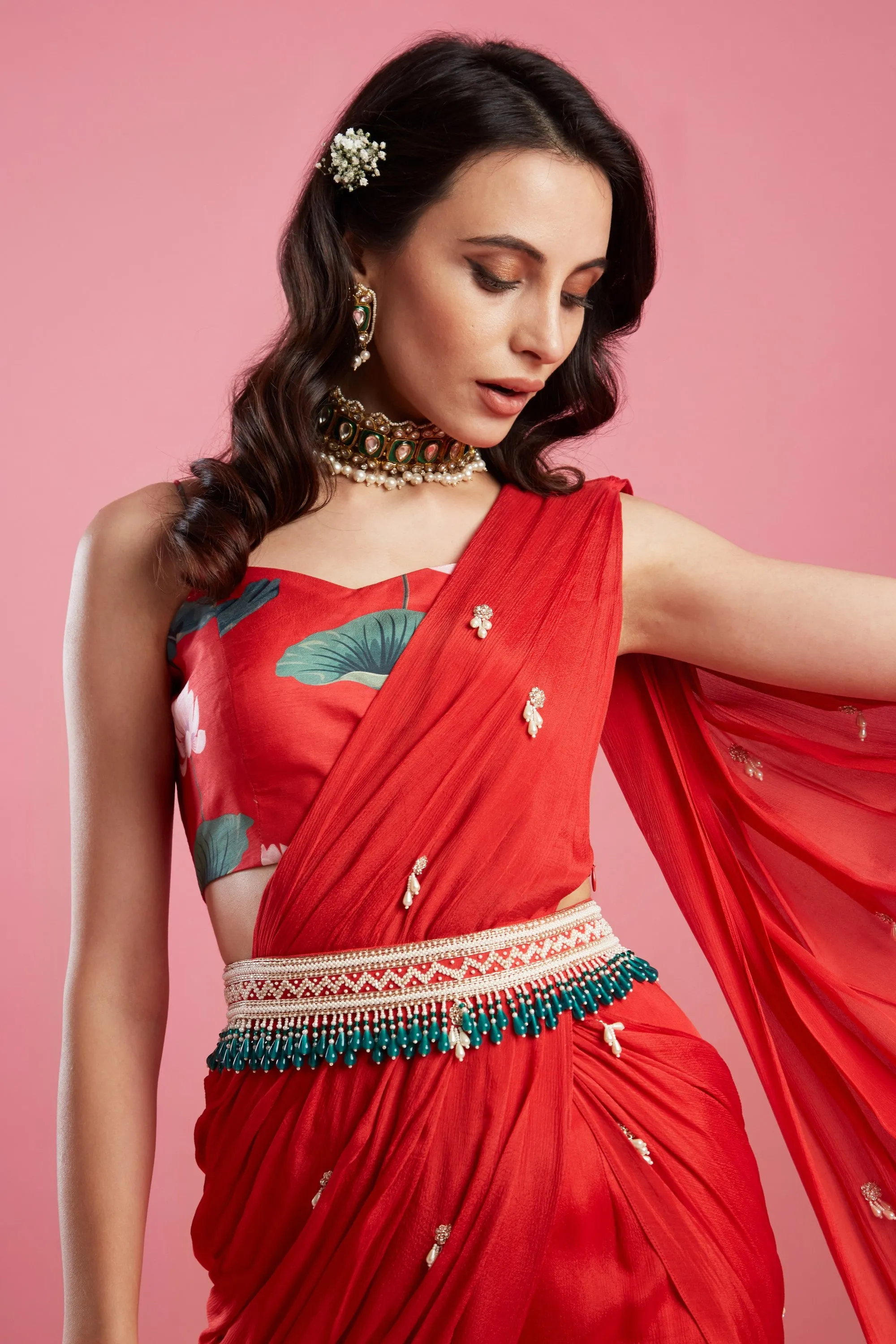 Red Gharara Saree Set