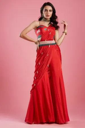 Red Gharara Saree Set