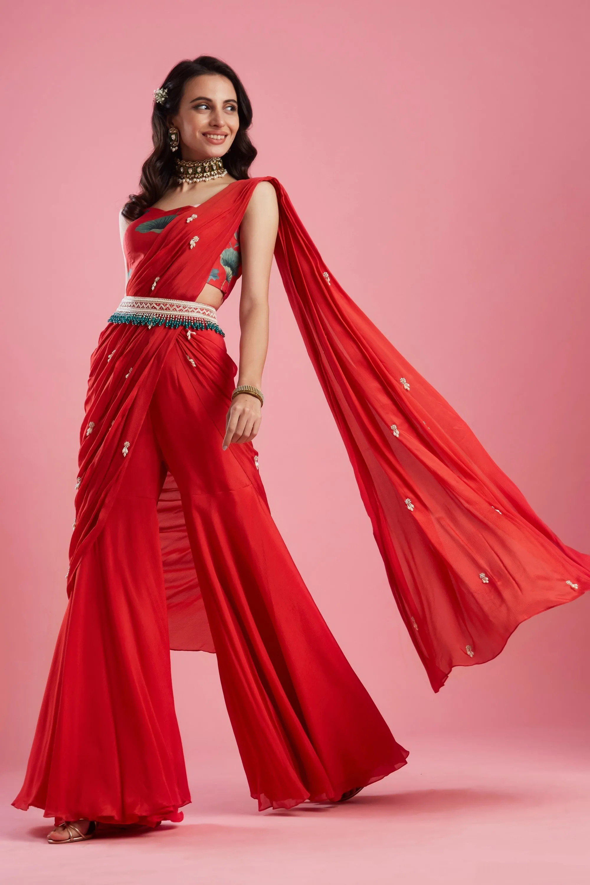 Red Gharara Saree Set