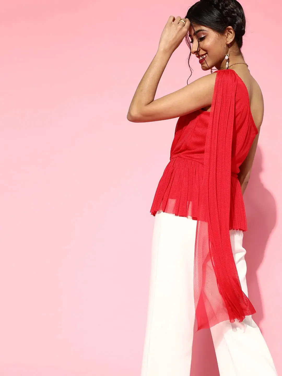 Red Mesh One Shoulder Peplum Top