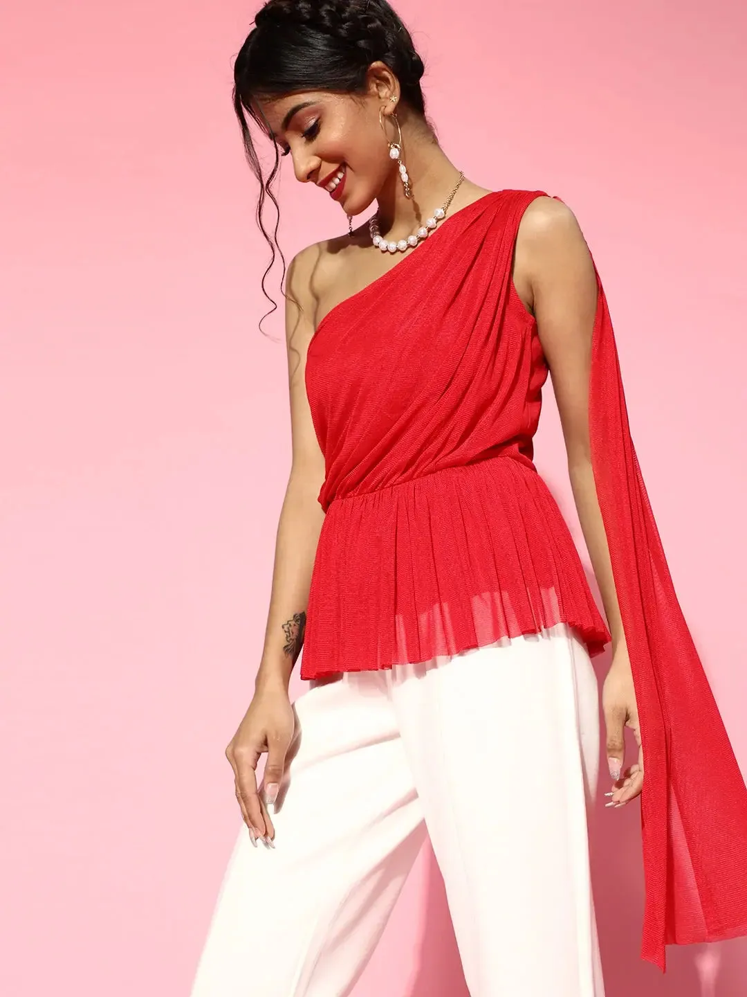 Red Mesh One Shoulder Peplum Top