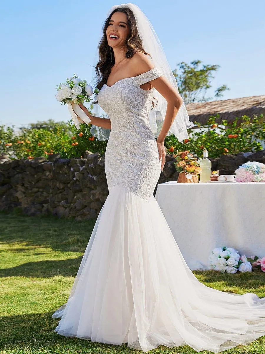 Robe de mariée sirène en dentelle à épaules dénudées