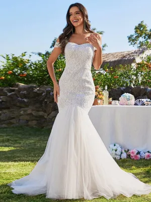 Robe de mariée sirène en dentelle à épaules dénudées