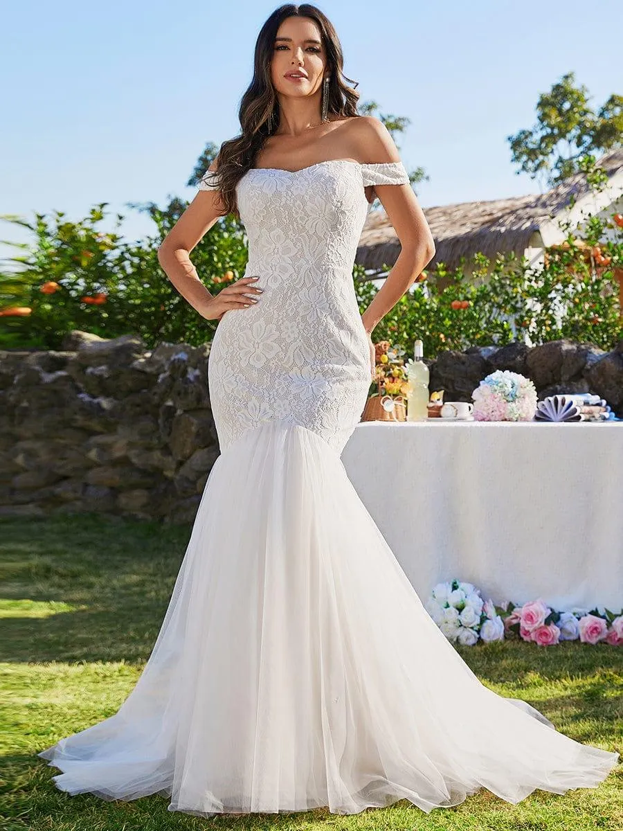 Robe de mariée sirène en dentelle à épaules dénudées