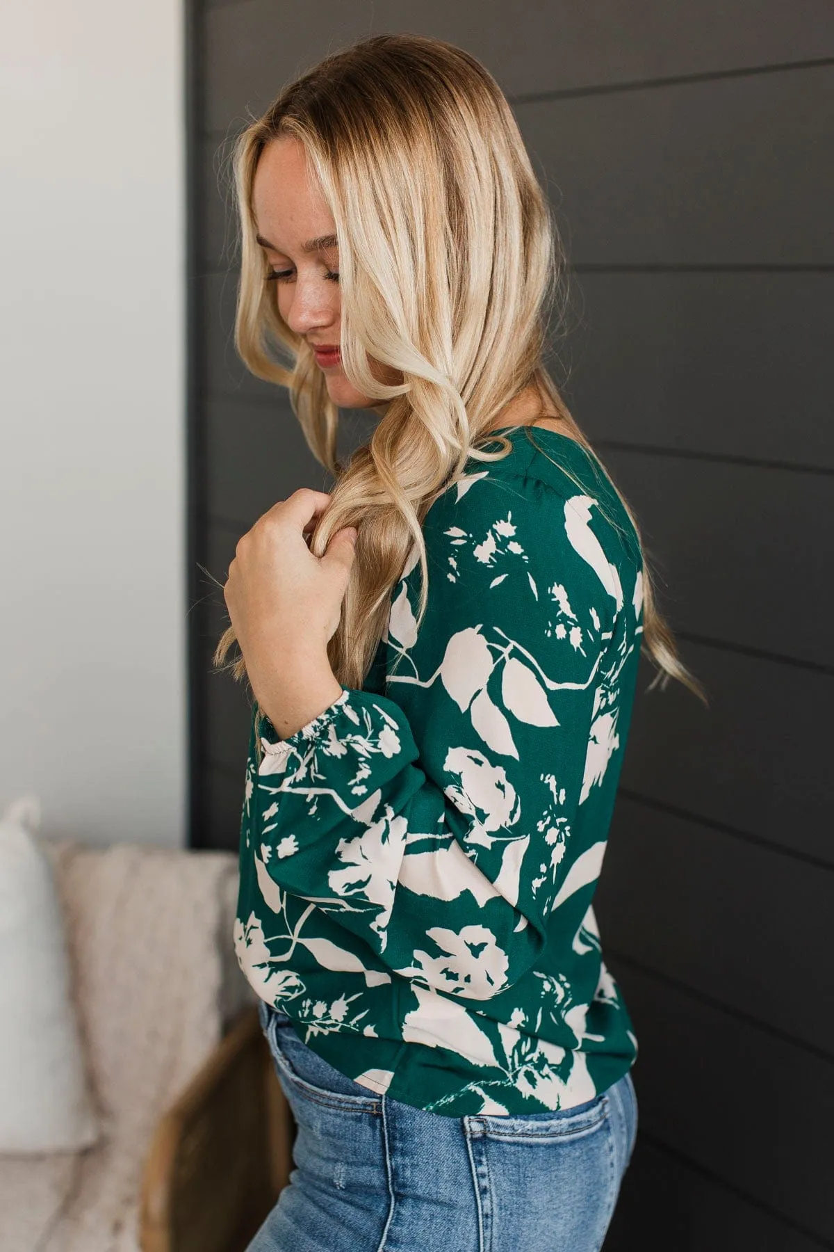 Romantic Feelings Floral Blouse- Forest Green & Ivory