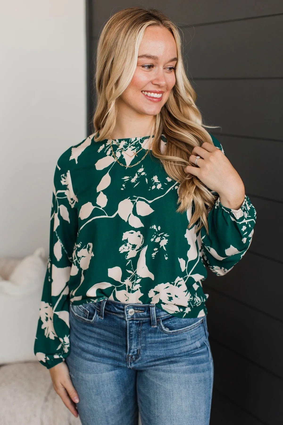 Romantic Feelings Floral Blouse- Forest Green & Ivory