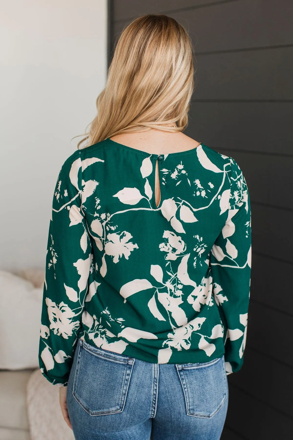 Romantic Feelings Floral Blouse- Forest Green & Ivory