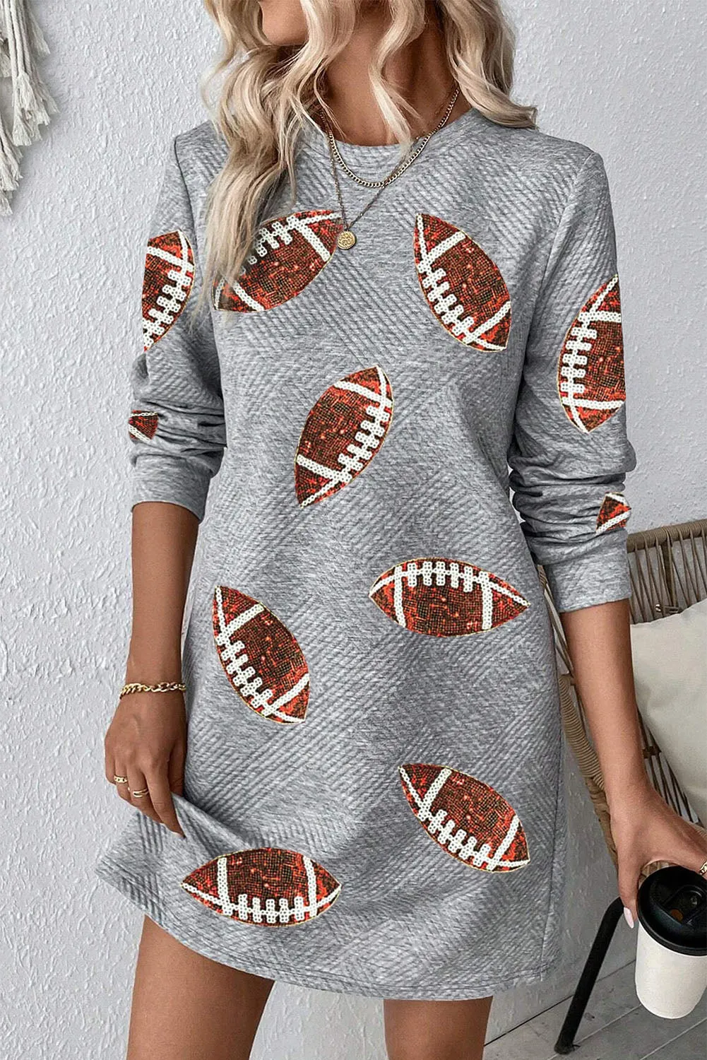 Rose Red Solid Color Textured Long Sleeve Shift Dress