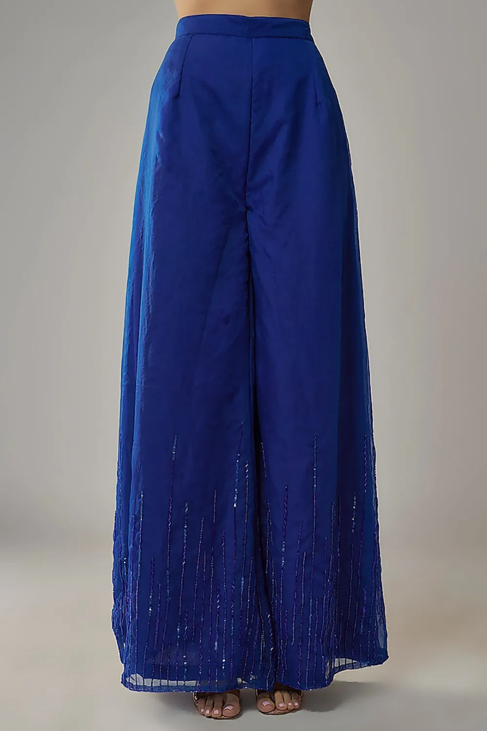 Royal Embroidered Blue Choli, Pants And Jacket Set