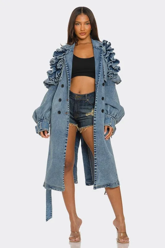 Ruffled Denim Trench Coat