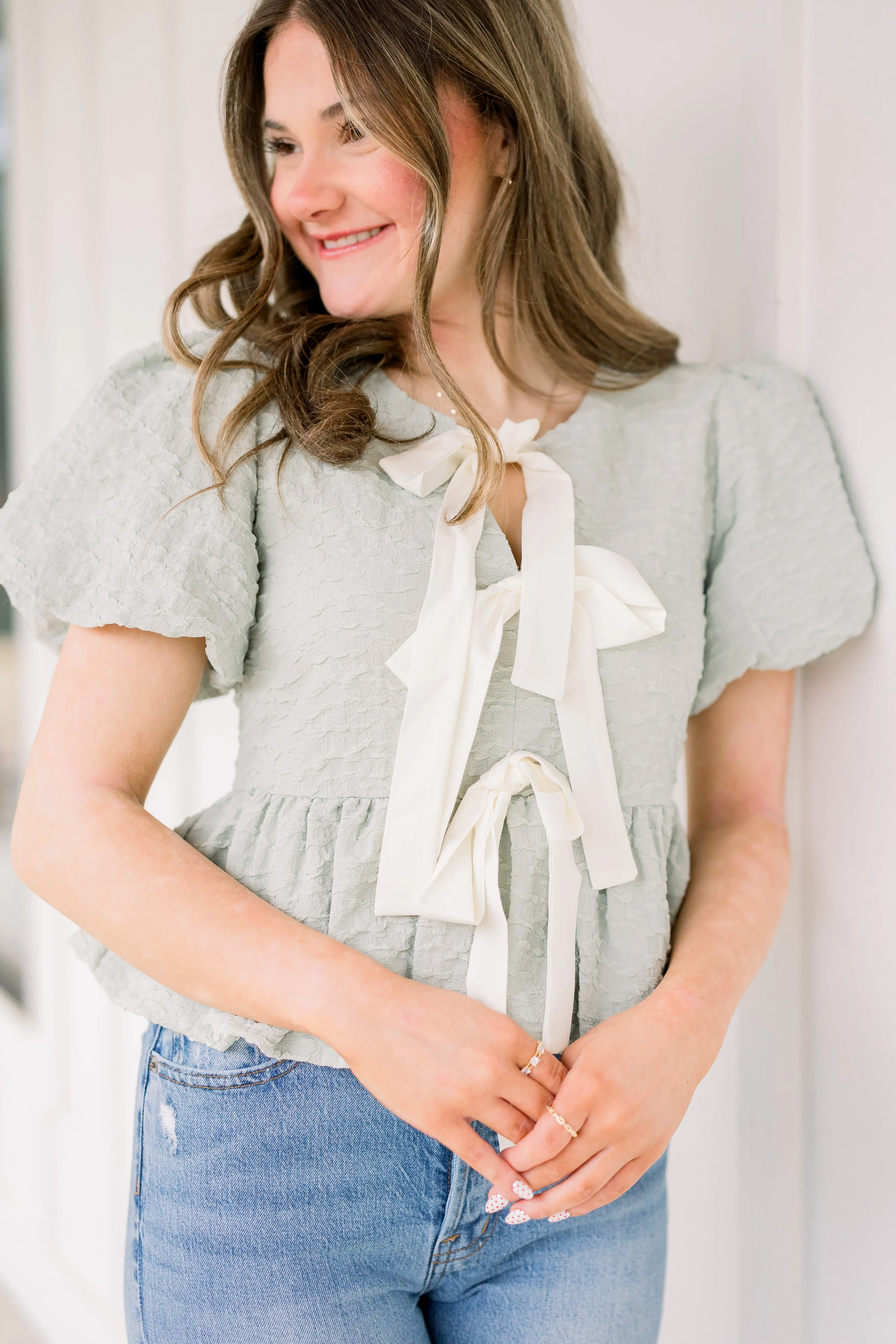 Sage Bubble Top With Bows