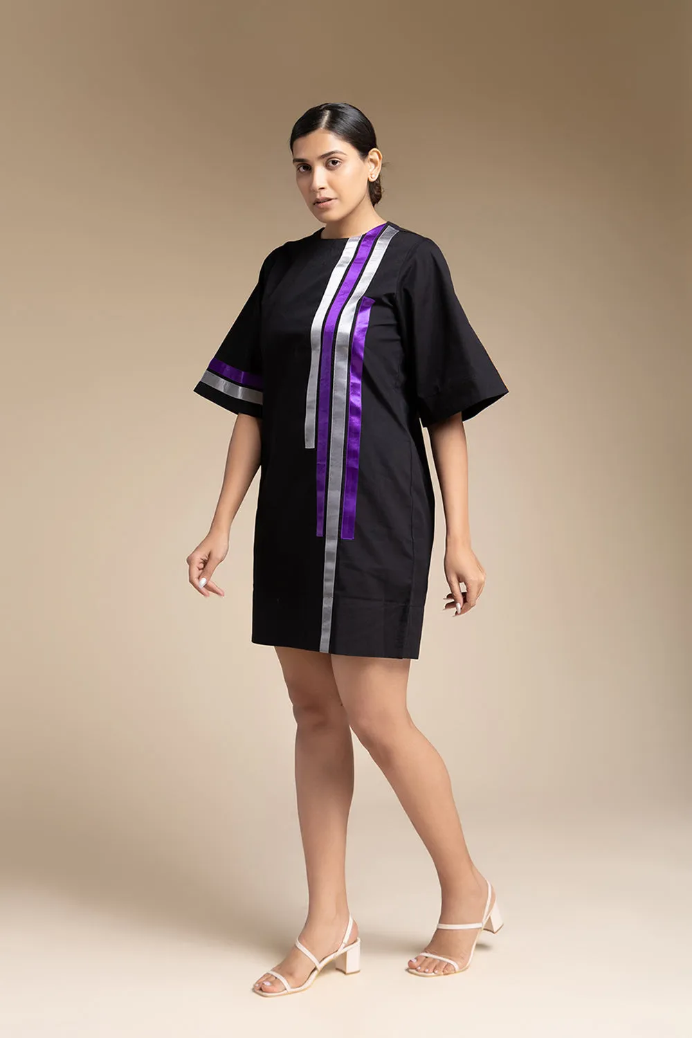Satin Detailed Shift Dress - Black