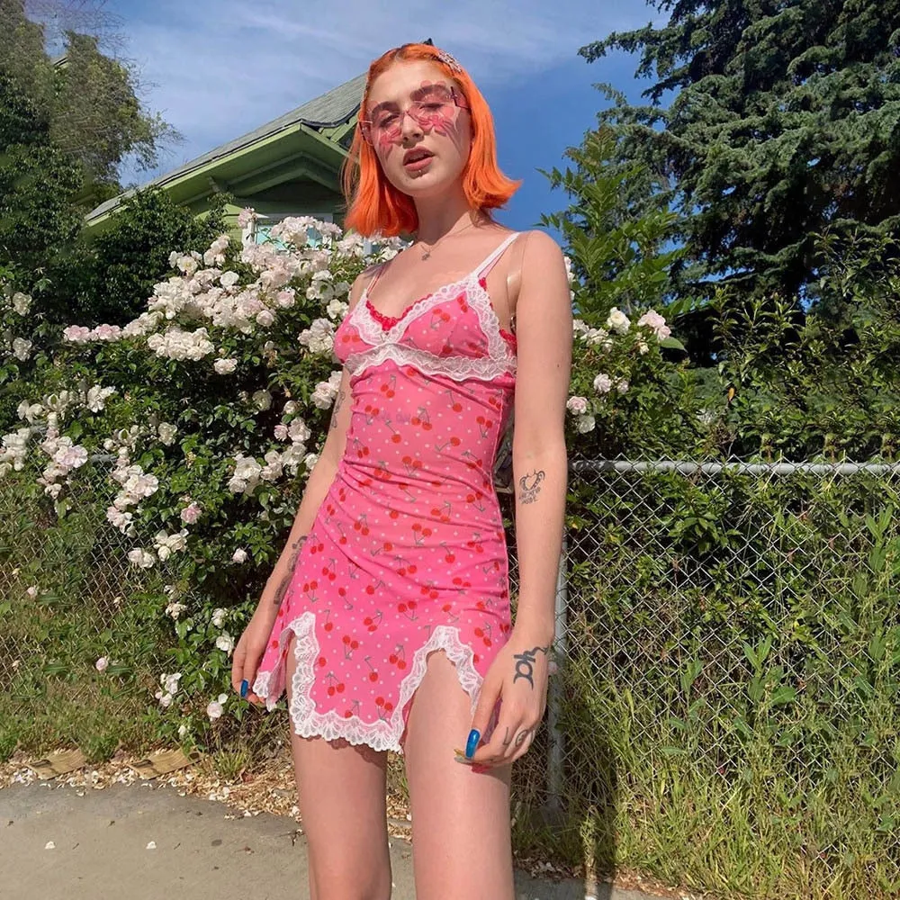 Süße Floral Kleider Straped Backless Spitze Saum Bodycon Mini Kleider Mode Frühjahr 2020 Heißer Rosa Kleid E-mädchen Kawaii kleider