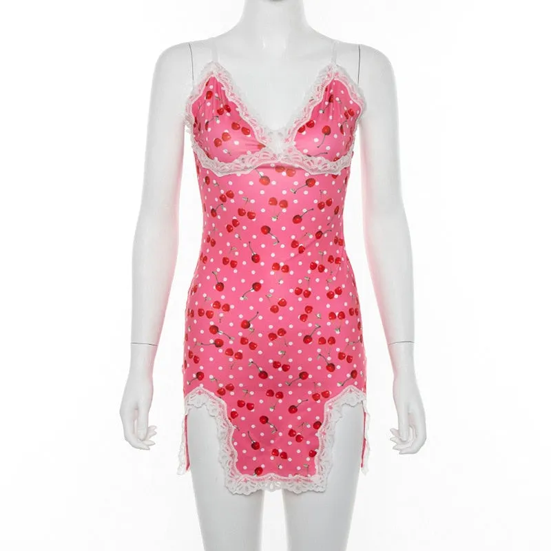 Süße Floral Kleider Straped Backless Spitze Saum Bodycon Mini Kleider Mode Frühjahr 2020 Heißer Rosa Kleid E-mädchen Kawaii kleider
