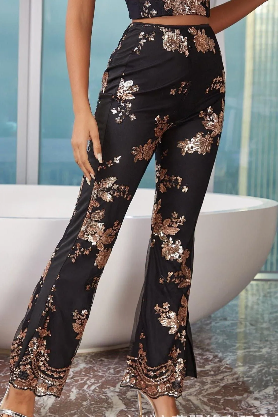 Sequins embroidered slim slits flared pants