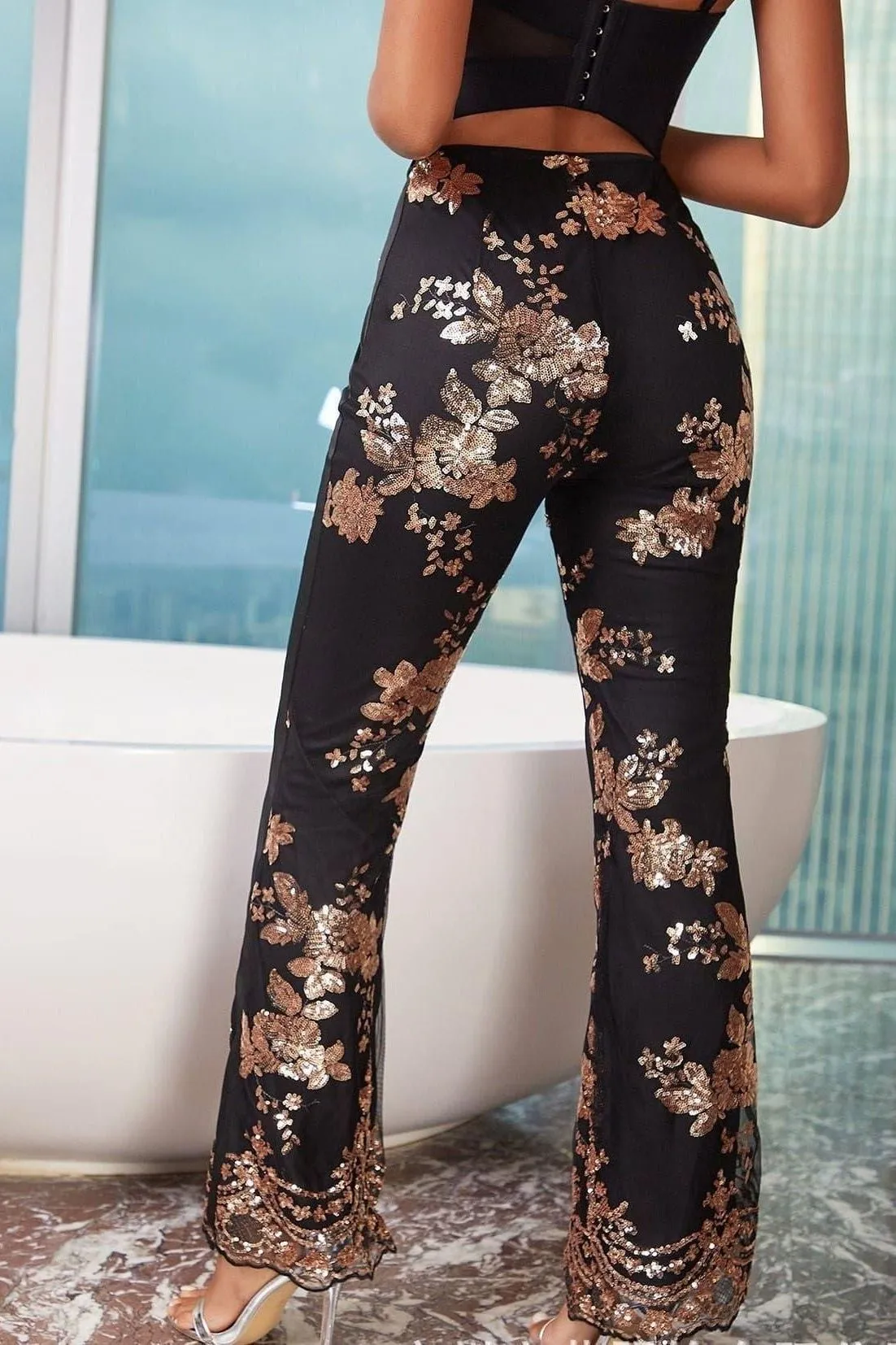 Sequins embroidered slim slits flared pants