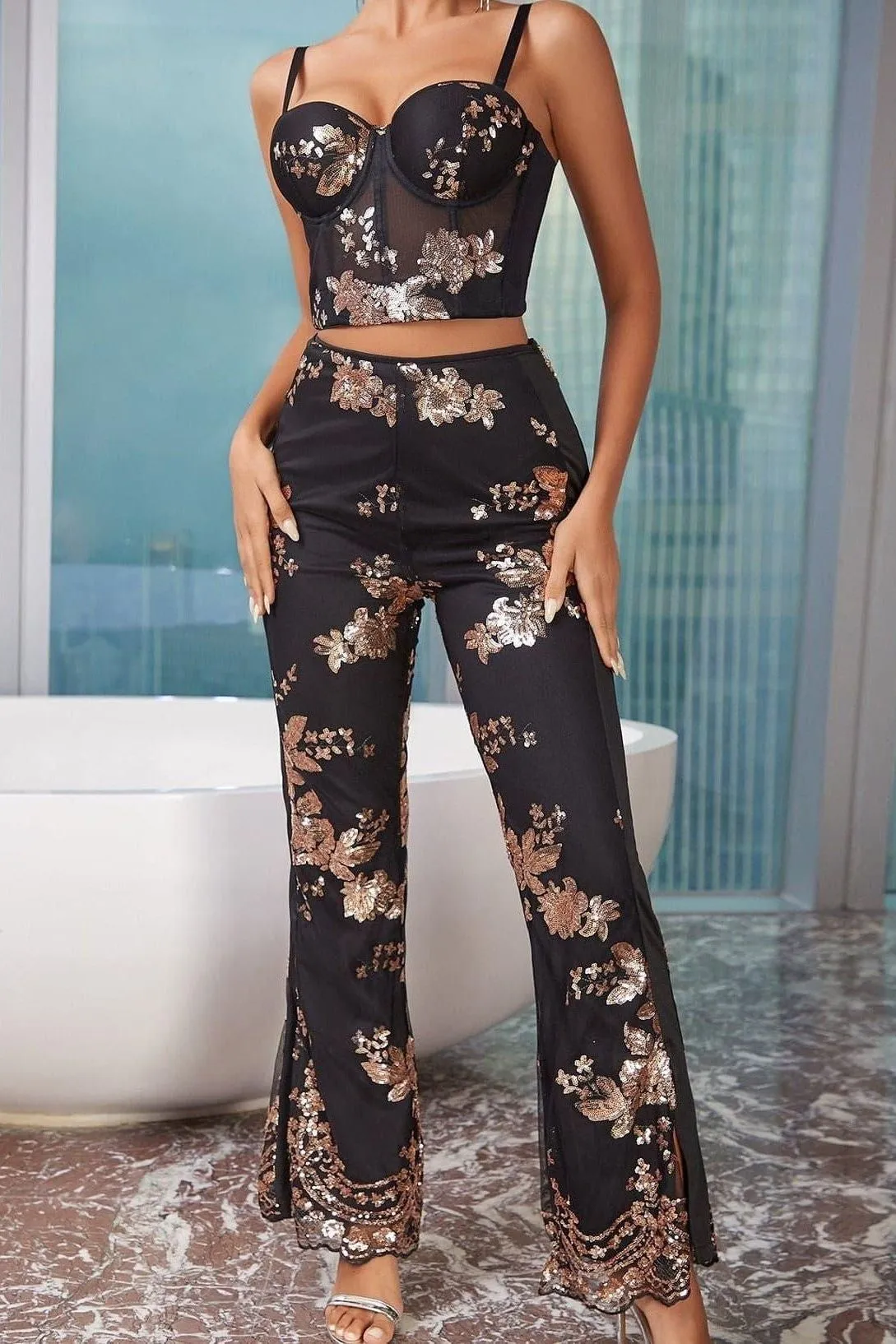 Sequins embroidered slim slits flared pants