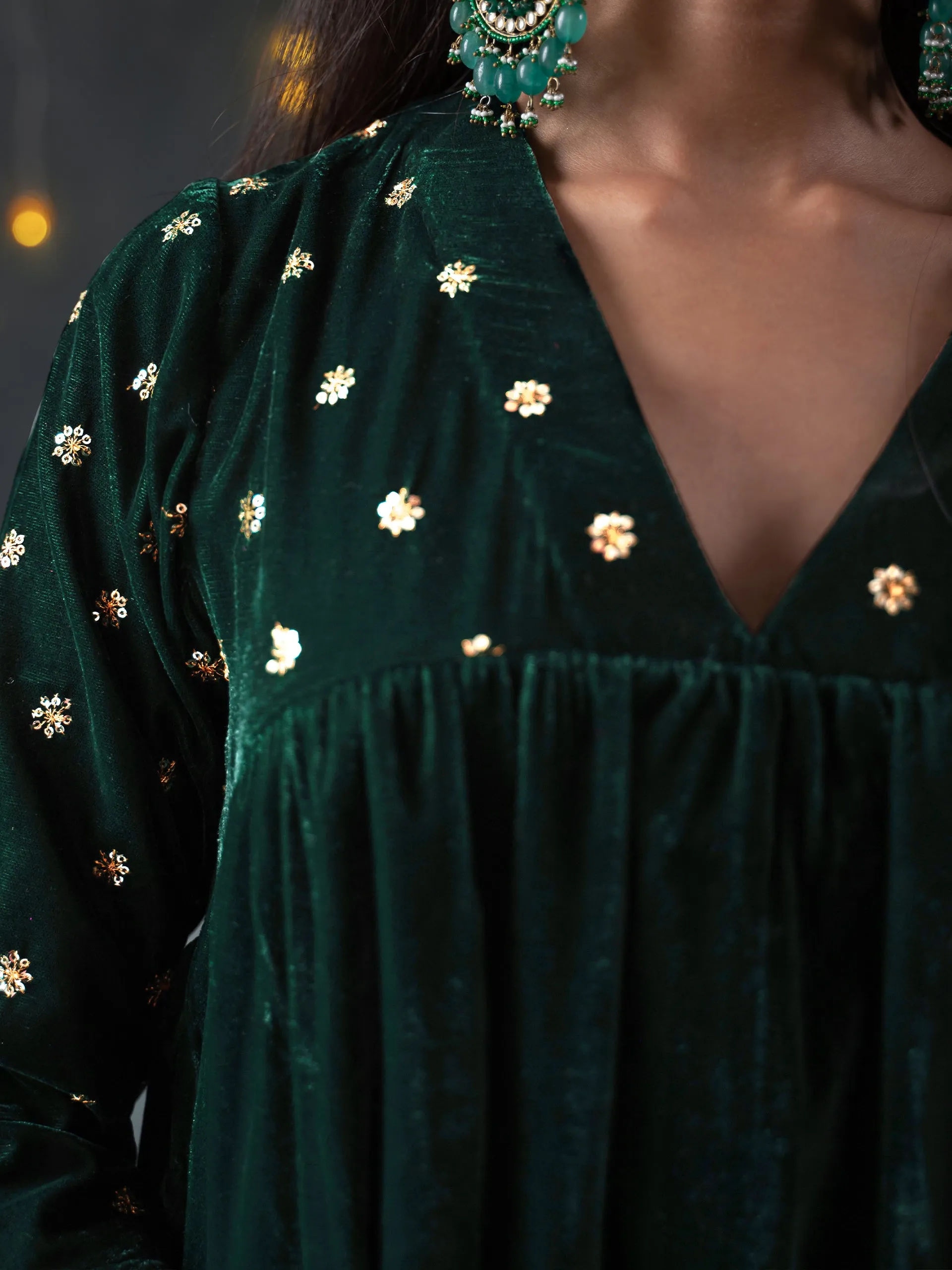 SET Green Velvet with Sequined Sleeves & Yoke