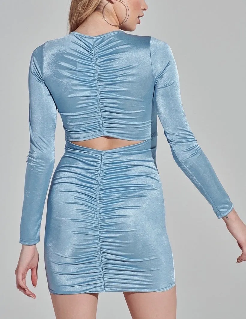 Shimmer Long Sleeve Scrunched Back Bodycon Mini Dress