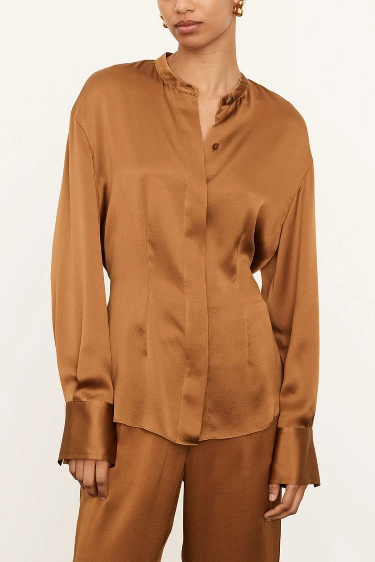 Silk Shaped Long Sleeve Band Collar Blouse in Vicuna