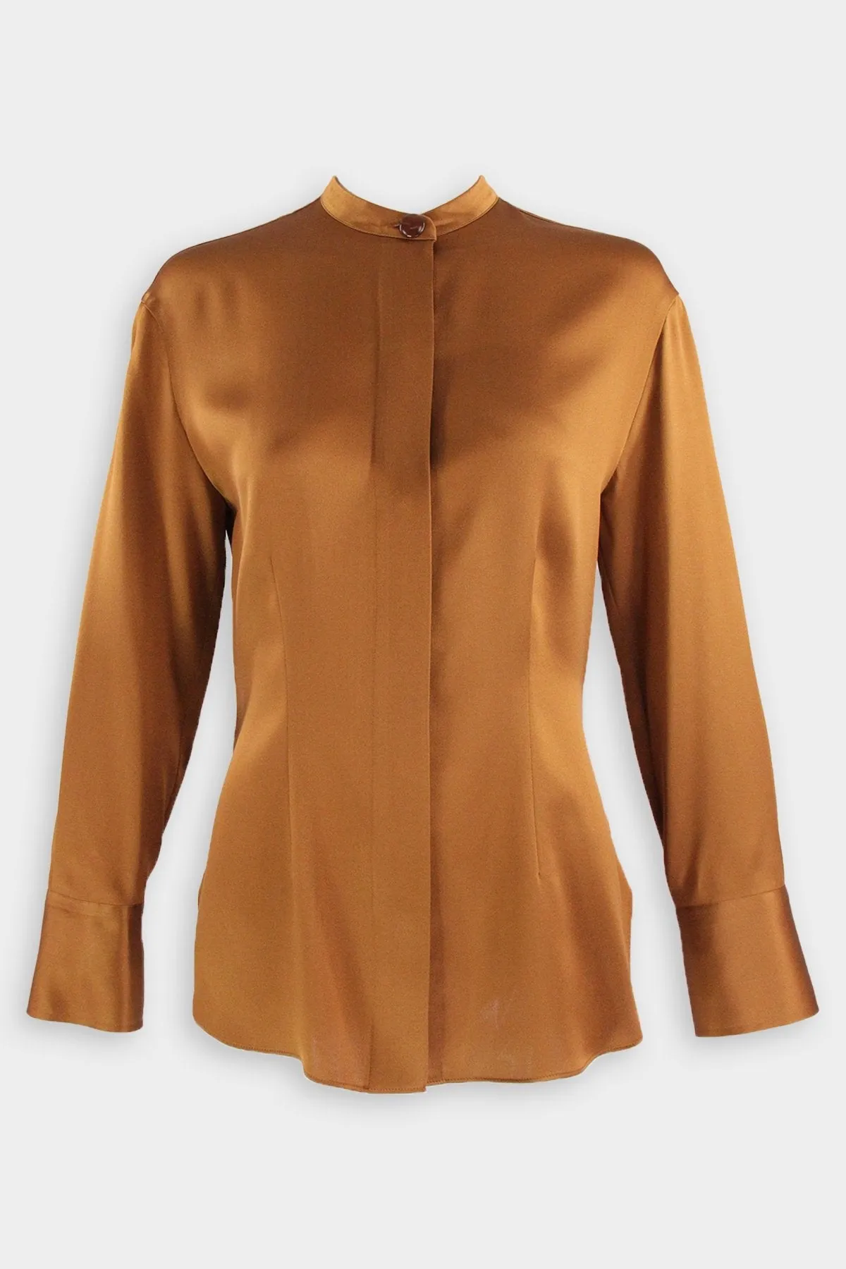Silk Shaped Long Sleeve Band Collar Blouse in Vicuna