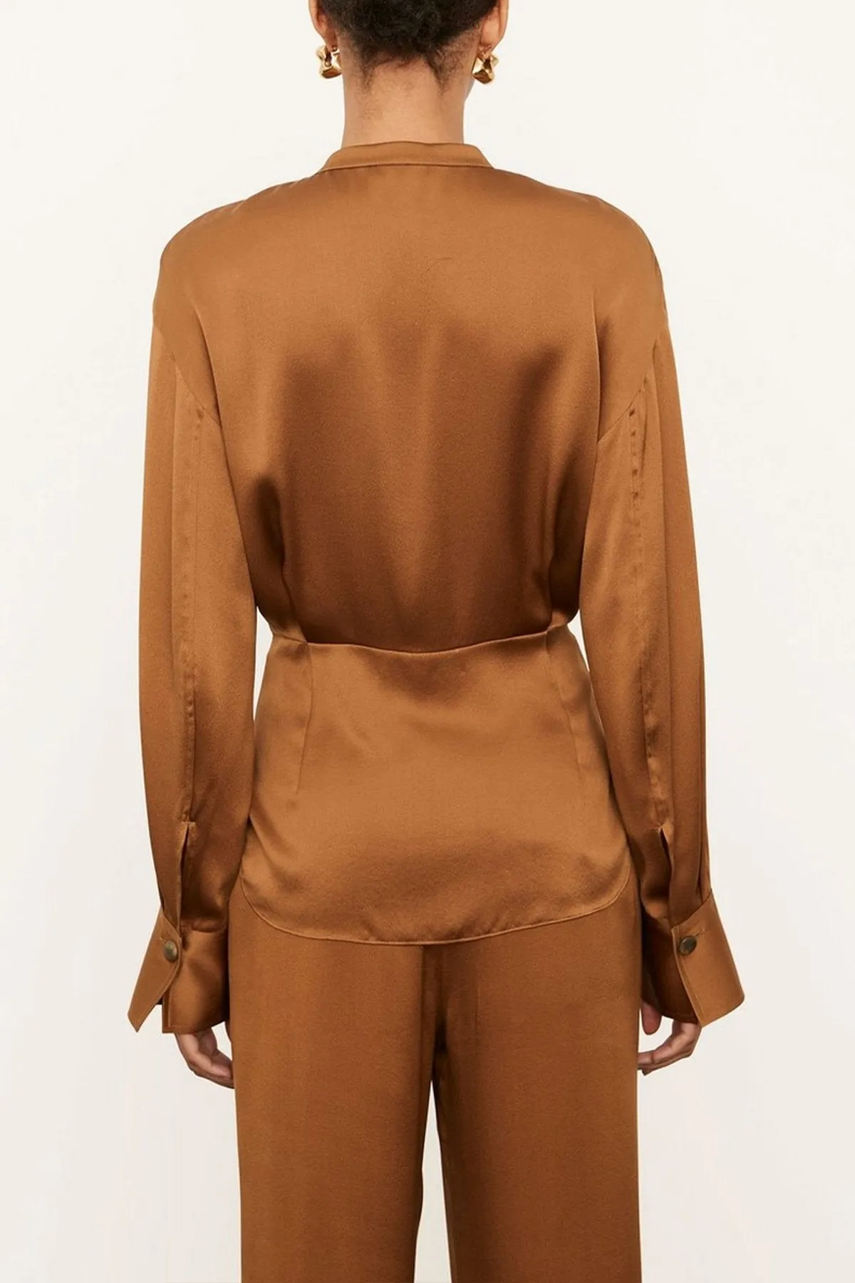 Silk Shaped Long Sleeve Band Collar Blouse in Vicuna