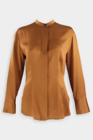 Silk Shaped Long Sleeve Band Collar Blouse in Vicuna