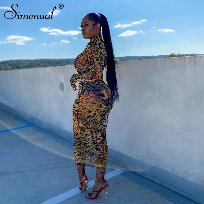 Simenual Mesh Leopard Drucken Heißer Bodycon Maxi Kleid Lange Hülse Frauen Clubwear Partei Dünne Mode Kleider Herbst 2020 Sexy Dünne