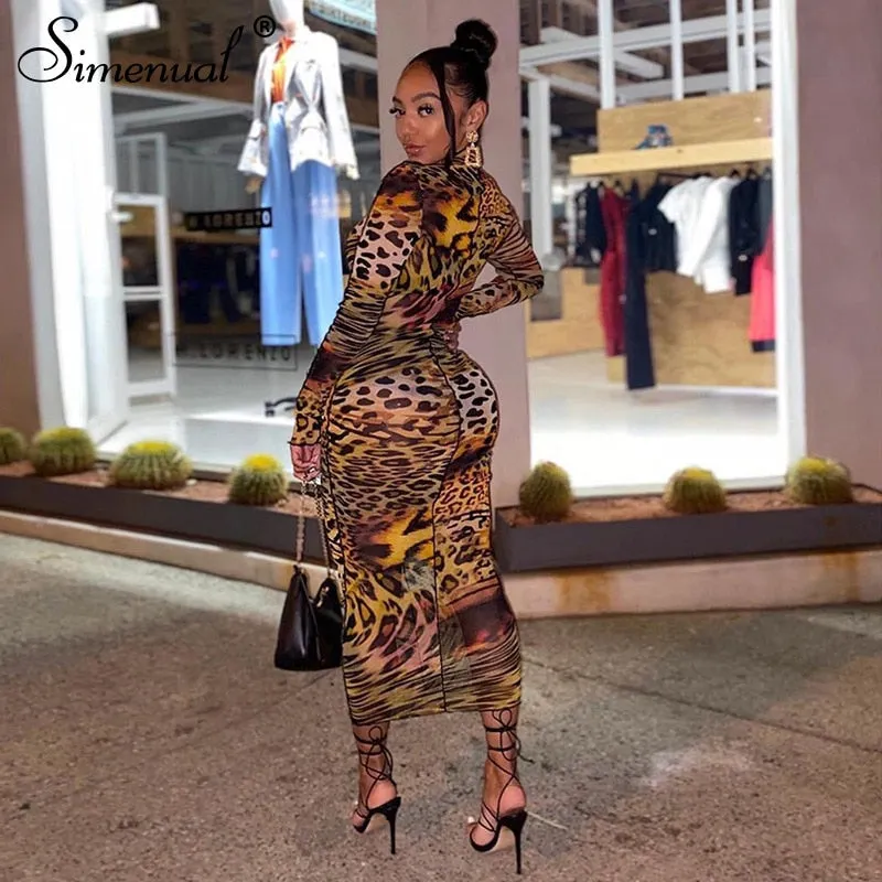 Simenual Mesh Leopard Drucken Heißer Bodycon Maxi Kleid Lange Hülse Frauen Clubwear Partei Dünne Mode Kleider Herbst 2020 Sexy Dünne