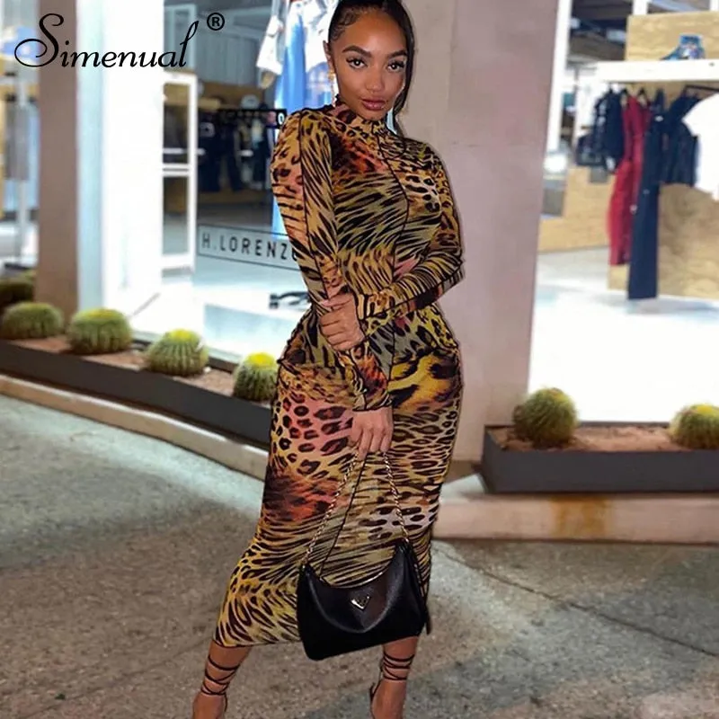 Simenual Mesh Leopard Drucken Heißer Bodycon Maxi Kleid Lange Hülse Frauen Clubwear Partei Dünne Mode Kleider Herbst 2020 Sexy Dünne