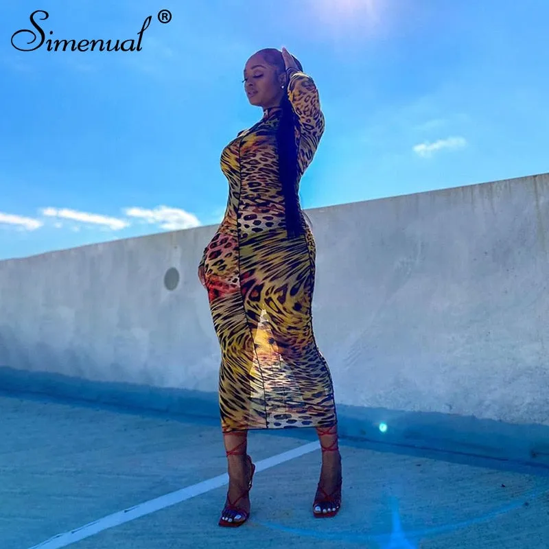 Simenual Mesh Leopard Drucken Heißer Bodycon Maxi Kleid Lange Hülse Frauen Clubwear Partei Dünne Mode Kleider Herbst 2020 Sexy Dünne