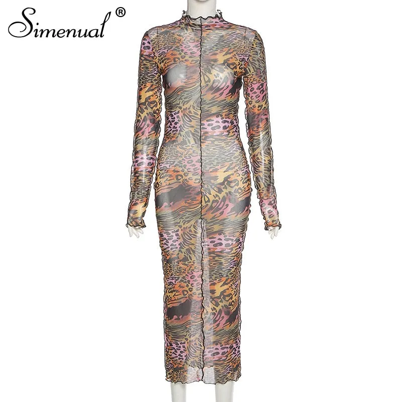 Simenual Mesh Leopard Drucken Heißer Bodycon Maxi Kleid Lange Hülse Frauen Clubwear Partei Dünne Mode Kleider Herbst 2020 Sexy Dünne