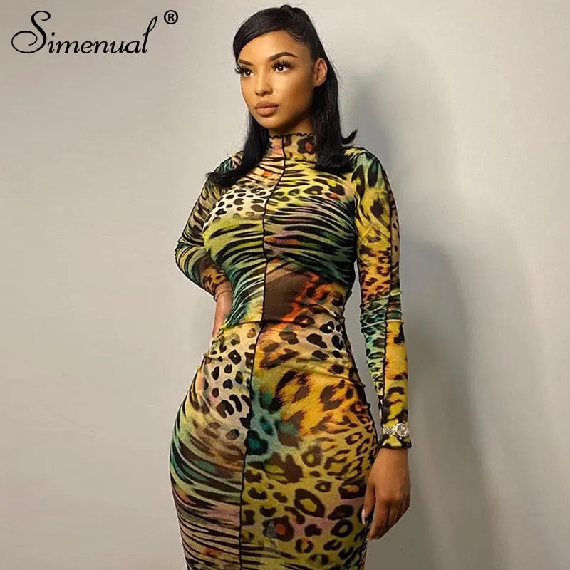 Simenual Mesh Leopard Drucken Heißer Bodycon Maxi Kleid Lange Hülse Frauen Clubwear Partei Dünne Mode Kleider Herbst 2020 Sexy Dünne