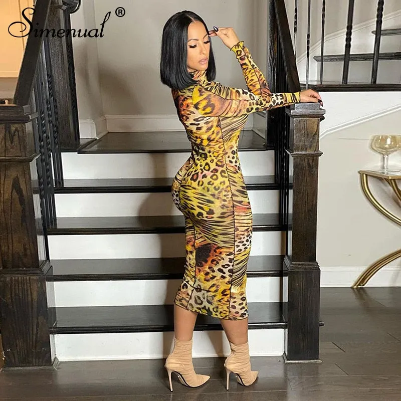 Simenual Mesh Leopard Drucken Heißer Bodycon Maxi Kleid Lange Hülse Frauen Clubwear Partei Dünne Mode Kleider Herbst 2020 Sexy Dünne