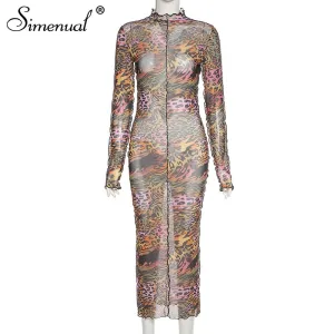 Simenual Mesh Leopard Drucken Heißer Bodycon Maxi Kleid Lange Hülse Frauen Clubwear Partei Dünne Mode Kleider Herbst 2020 Sexy Dünne