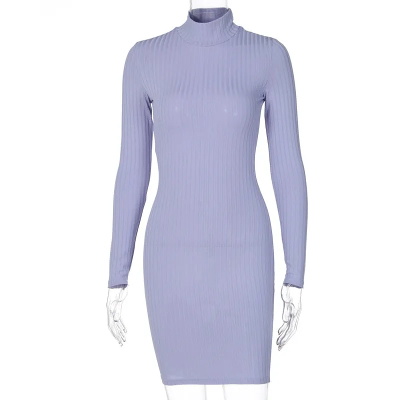 Simenual Rippen Stricken Rollkragen Herbst Mini Kleid Frauen Lange Hülse Mode 2020 Sexy Party Bodycon Clubwear Kleider Dünne