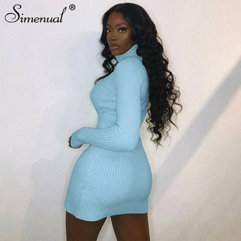 Simenual Rippen Stricken Rollkragen Herbst Mini Kleid Frauen Lange Hülse Mode 2020 Sexy Party Bodycon Clubwear Kleider Dünne