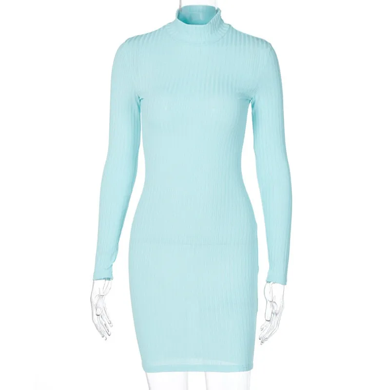 Simenual Rippen Stricken Rollkragen Herbst Mini Kleid Frauen Lange Hülse Mode 2020 Sexy Party Bodycon Clubwear Kleider Dünne